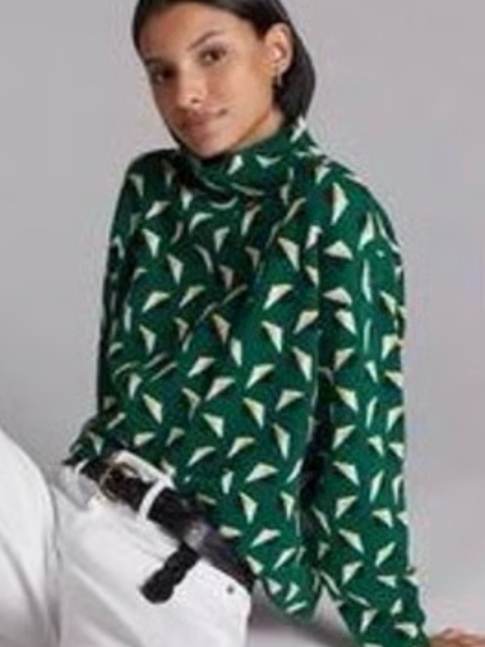 Maeve Anthropologie Green Mockneck Geometric Sweater